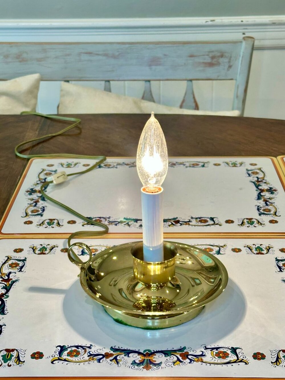 vintage brass plated electric chamberstick candle lamp with side finger loop